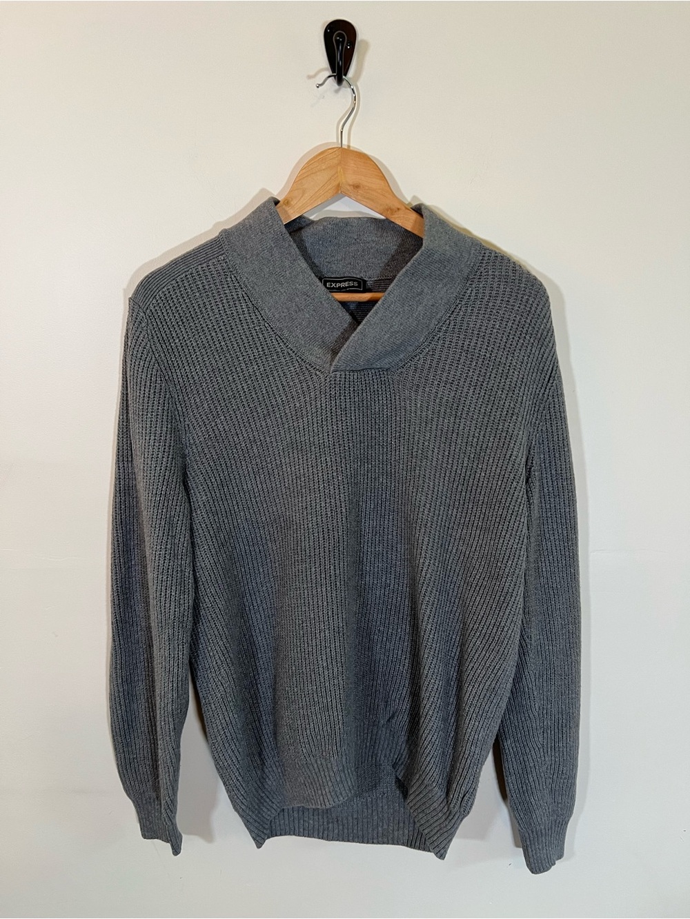 Express Mens Gray Shawl Collar Sweater 100% Cotton Ribbed Knit Pullover